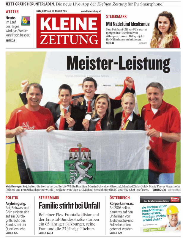Steirische Medaillengewinner bei der Berufs-WM in Brasilien mit der Steirer-Fahne.