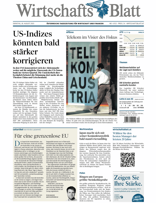 Titelseite des Wirtschaftsblatt vom 18. August 2015.