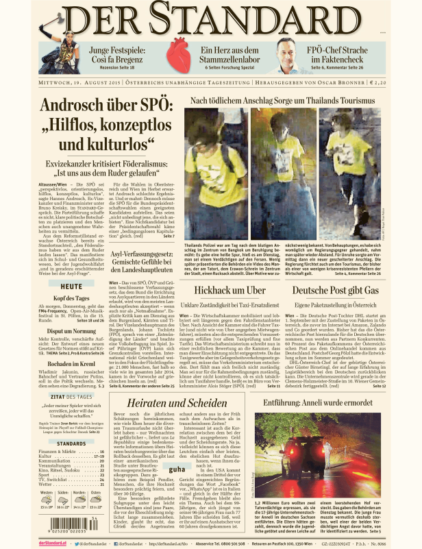 Titelseite der Zeitung „Der Standard“ vom 19. August 2015.