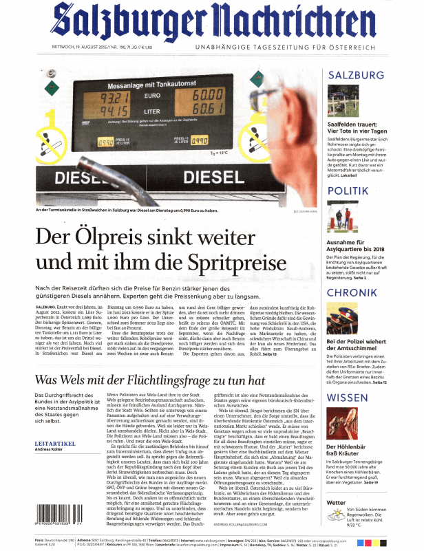 Titelseite der „Salzburger Nachrichten“ vom 19. August 2015 mit einem Foto von einer Tankstelle.