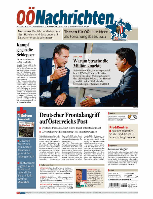 Titelseite der OÖNachrichten vom 19. August 2015.