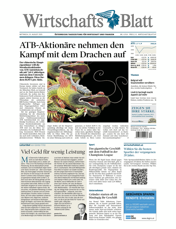 Eine kunstvolle Drachenskulptur ziert die Titelseite des „Wirtschaftsblatt“.