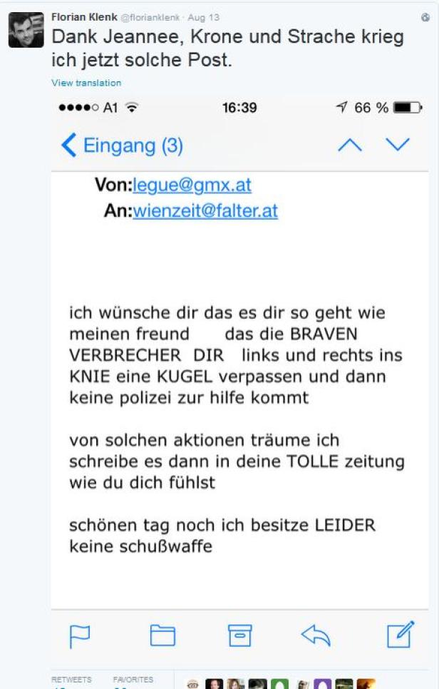 Ein Screenshot eines E-Mails mit Drohungen, das Florian Klenk erhalten hat.