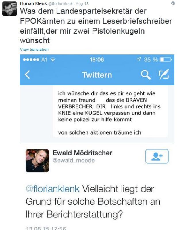 Ein Screenshot von Twitter-Posts, in denen Drohungen gegen Florian Klenk geäußert werden.