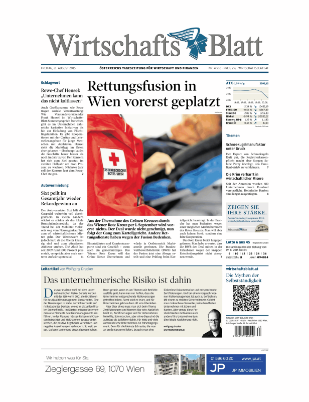 Titelseite des Wirtschaftsblatt vom 21. August 2015 mit dem Titel „Rettungsfusion in Wien vorerst geplatzt“.