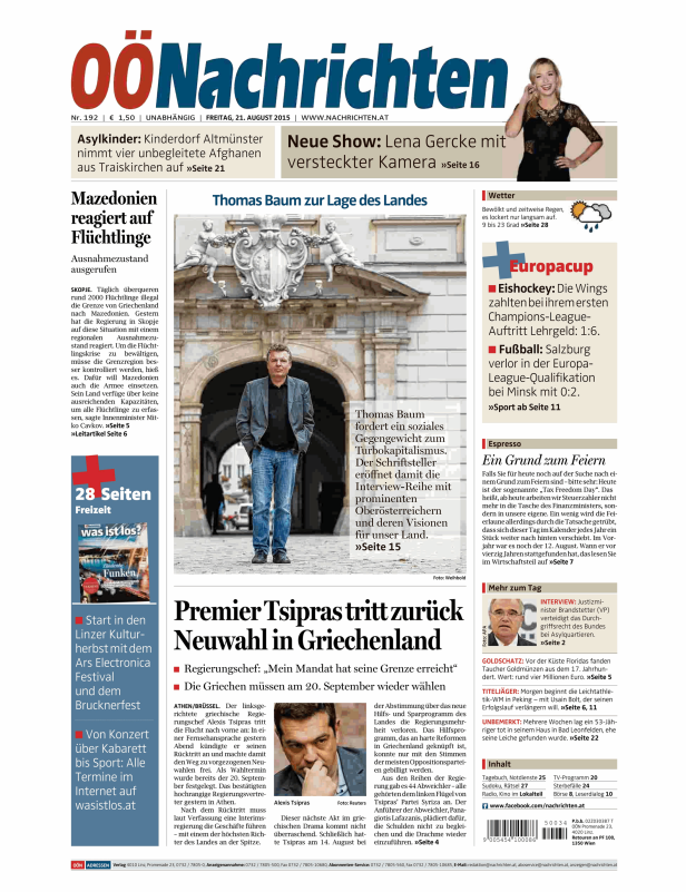 Titelseite der OÖNachrichten vom 21. August 2015 mit Thomas Baum und Alexis Tsipras.