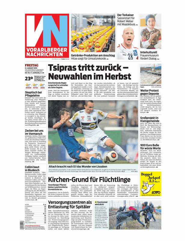 Titelseite der Vorarlberger Nachrichten vom 21. August 2015 mit verschiedenen Artikeln.