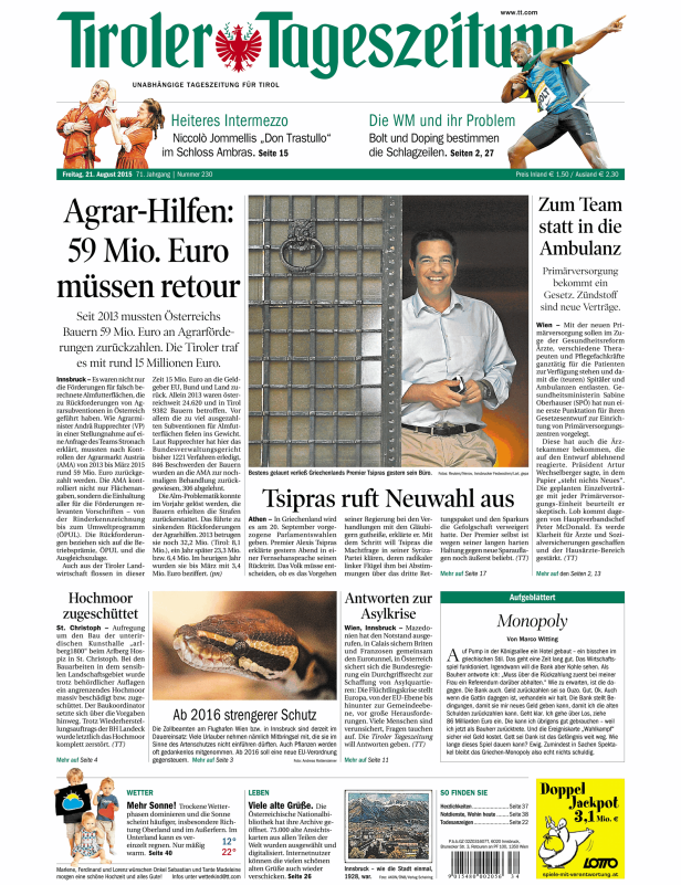 Titelseite der Tiroler Tageszeitung vom 21. August 2015.