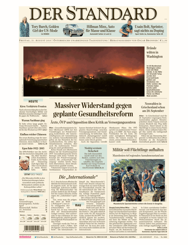 Titelseite der Zeitung „Der Standard“ vom 21. August 2015 mit Meldungen zu Bränden, Flüchtlingen und Gesundheitspolitik.