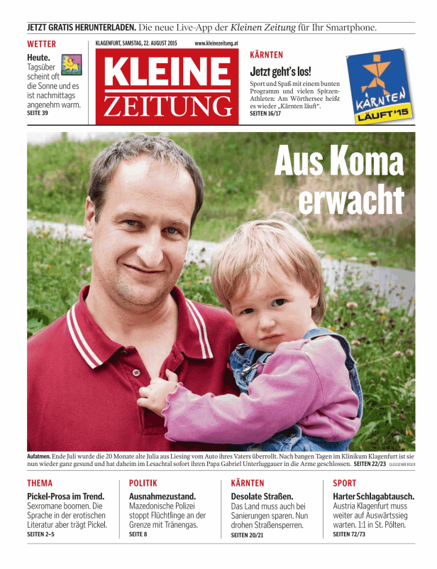 Ein Mann hält ein kleines Mädchen im Arm; Titelseite der Kleinen Zeitung zum Thema „Aus Koma erwacht“.