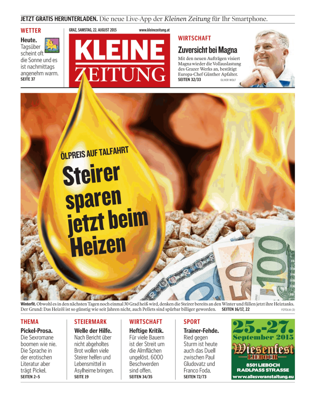 Titelseite der Kleinen Zeitung vom 22. August 2015 mit dem Thema sinkende Heizölpreise.