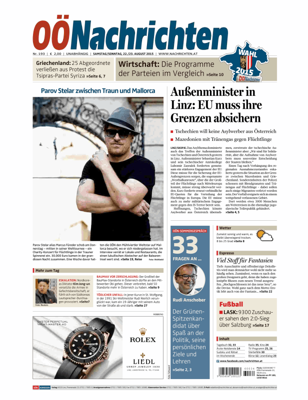 Titelseite der OÖNachrichten vom 22./23. August 2015 mit Parov Stelar und Berichten über Politik und Wirtschaft.