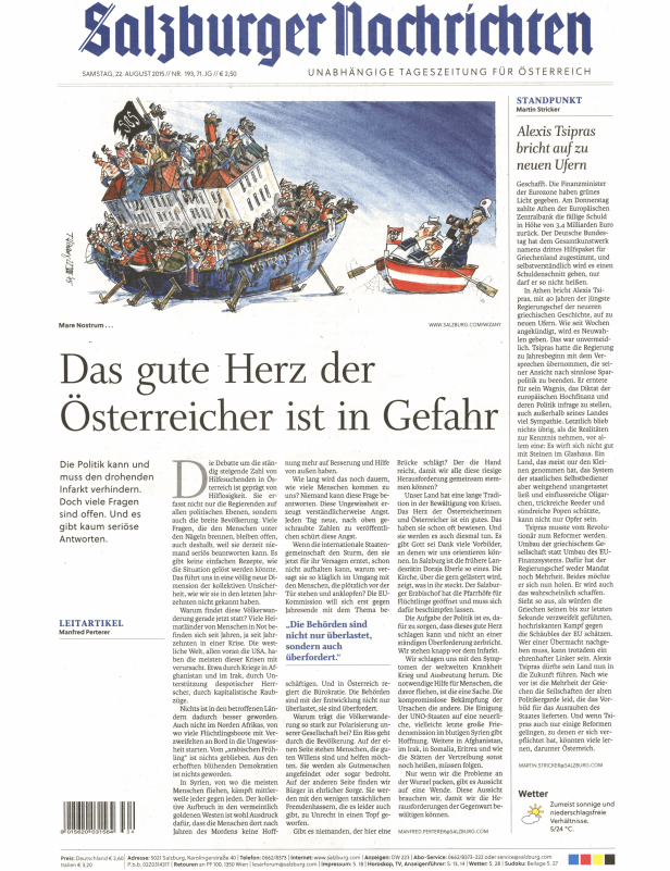 Eine Karikatur zeigt überfüllte Boote mit Flüchtlingen, die in Richtung eines österreichischen Schiffs fahren.