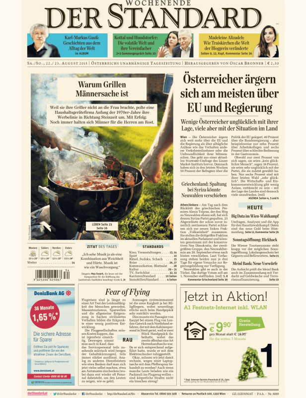Titelseite der Zeitung „Der Standard“ vom 22./23. August 2015.