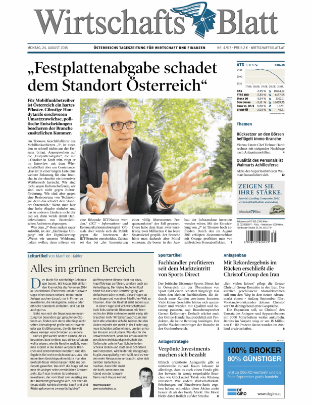 Titelseite des WirtschaftsBlatt vom 24. August 2015 mit der Schlagzeile „Festplattenabgabe schadet dem Standort Österreich“.