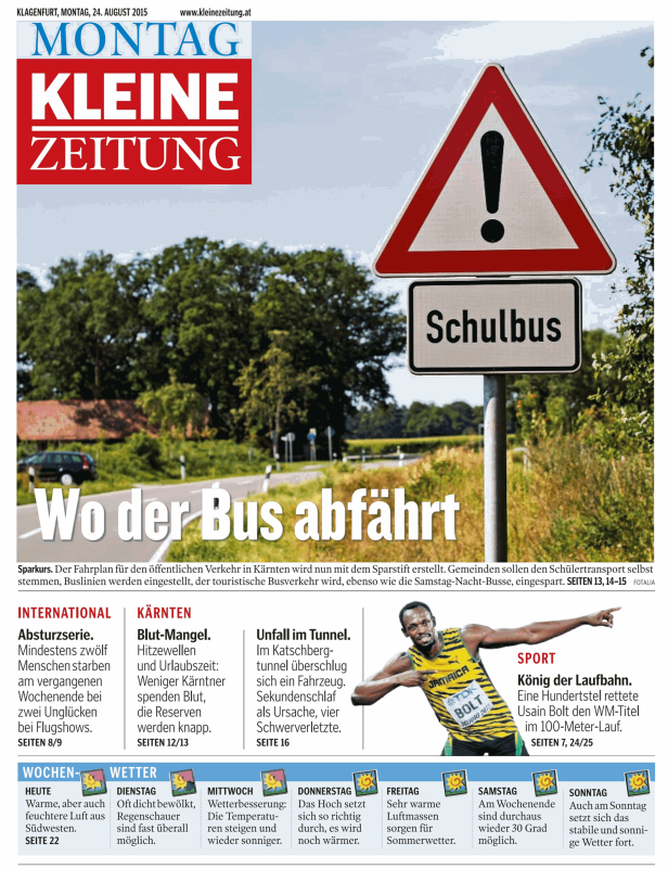 Titelseite der „Kleinen Zeitung“ vom 24. August 2015 mit einem Warnschild „Schulbus“.