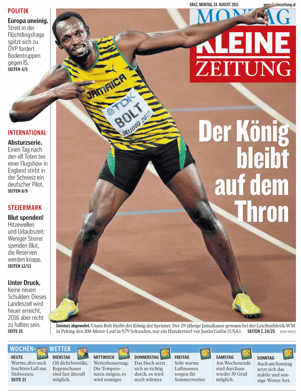 Usain Bolt jubelt bei der Leichtathletik-WM in Peking 2015.