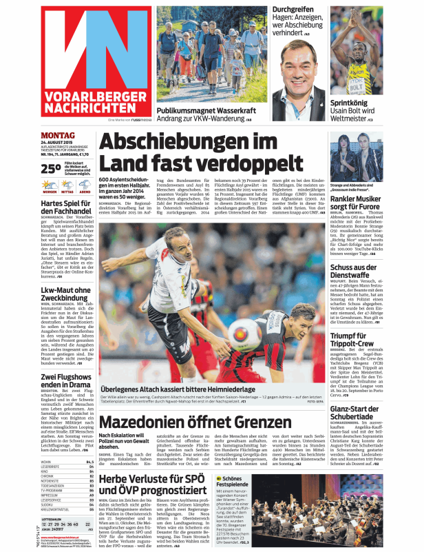 Titelseite der Vorarlberger Nachrichten vom 24. August 2015.