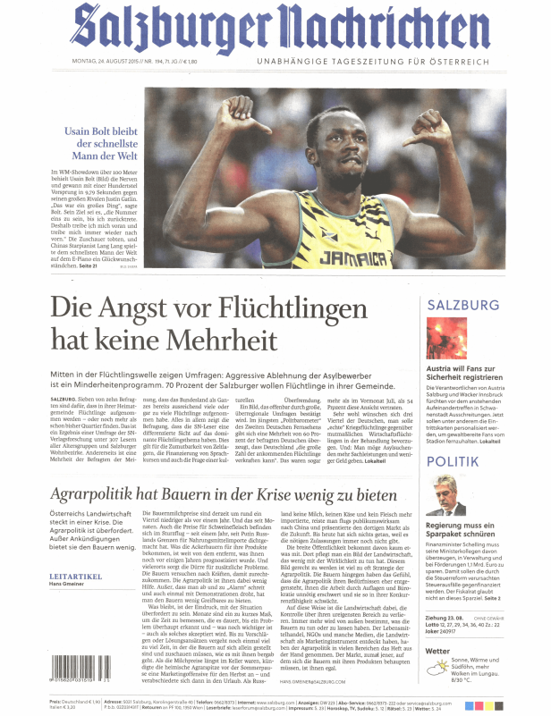 Usain Bolt beim 100-Meter-Lauf in einem gelben Trikot mit der Aufschrift „Jamaica“.