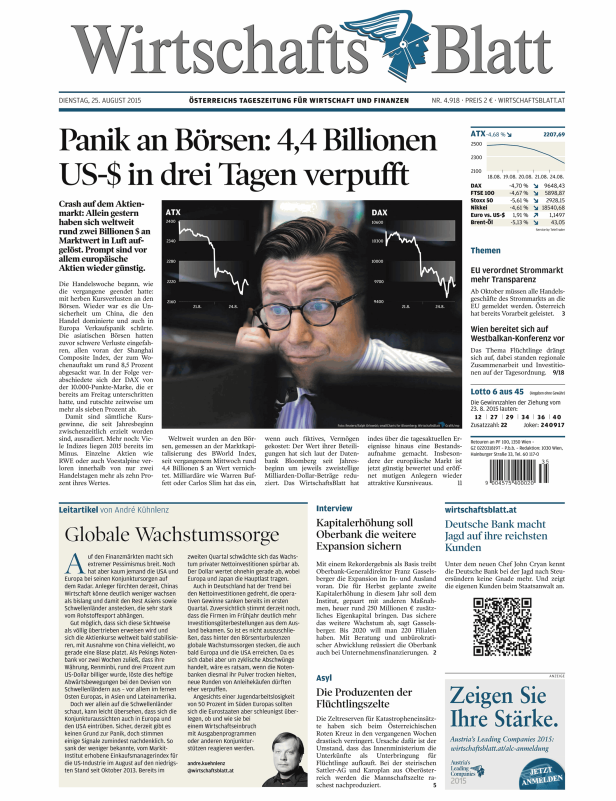 Titelseite des WirtschaftsBlatt vom 25. August 2015 mit der Schlagzeile „Panik an Börsen“.