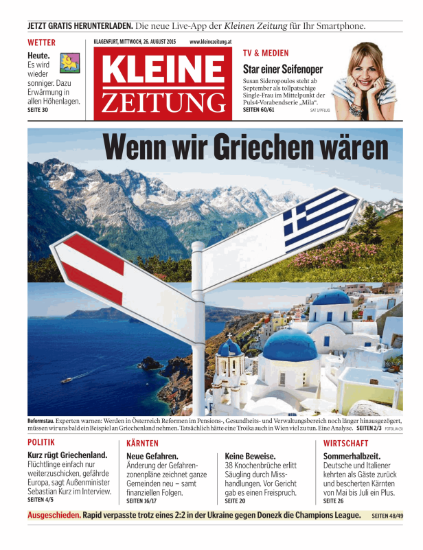 Titelseite der Kleinen Zeitung mit der Überschrift „Wenn wir Griechen wären“ und einem Wegweiser mit griechischer Flagge.