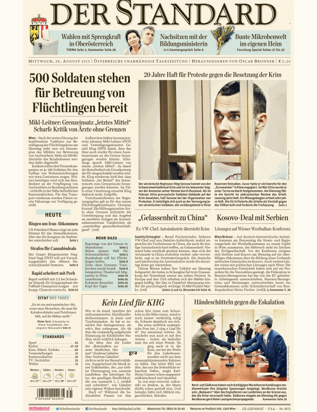 Titelseite der Zeitung „Der Standard“ vom 26. August 2015.