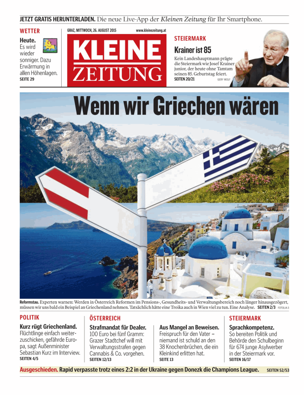 Titelseite der Kleinen Zeitung vom 26. August 2015 mit der Schlagzeile „Wenn wir Griechen wären“.