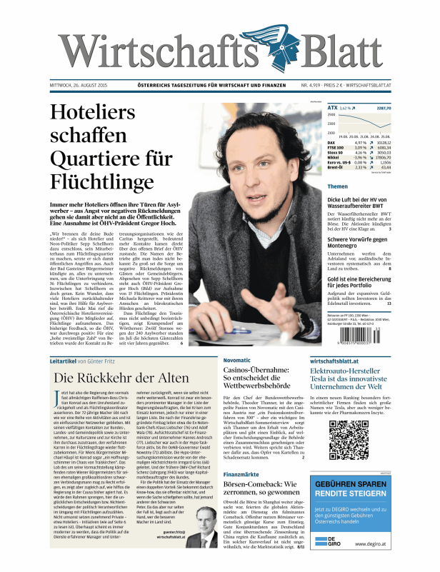 Titelseite des Wirtschaftsblatt vom 26. August 2015 mit dem Titel „Hoteliers schaffen Quartiere für Flüchtlinge“.