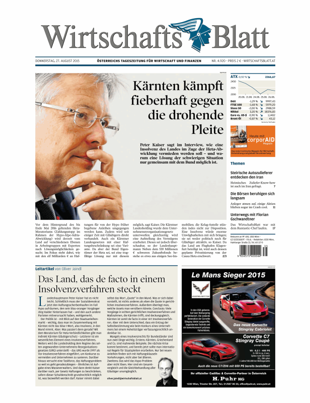 Titelseite des WirtschaftsBlatt vom 27. August 2015 mit dem Titel „Kärnten kämpft fieberhaft gegen die drohende Pleite“.
