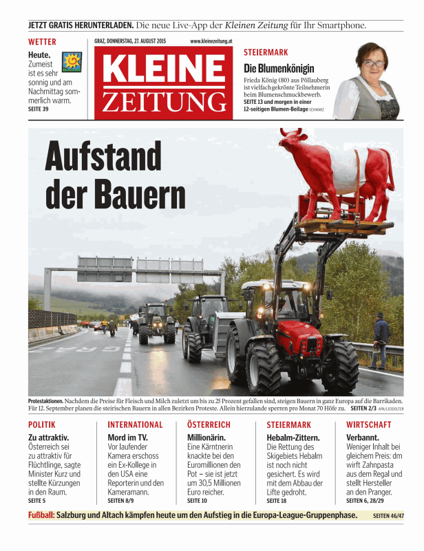 Titelseite der Kleinen Zeitung vom 27. August 2015 mit dem Titel „Aufstand der Bauern“ und einem Foto von Traktoren bei einer Demonstration.
