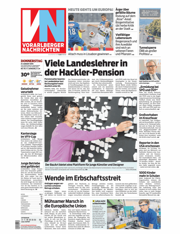 Titelseite der Vorarlberger Nachrichten vom 27. August 2015.