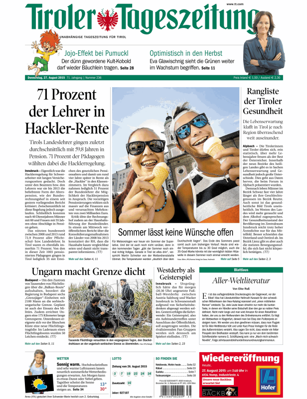 Titelseite der Tiroler Tageszeitung vom 27. August 2015.
