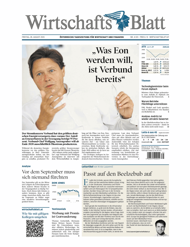 Titelseite des WirtschaftsBlatt vom 28. August 2015 mit Verbund-Chef Wolfgang Anzengruber.