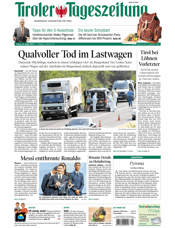 Ein Kühlwagen steht auf der Autobahn, im Inneren Dutzende tote Flüchtlinge.