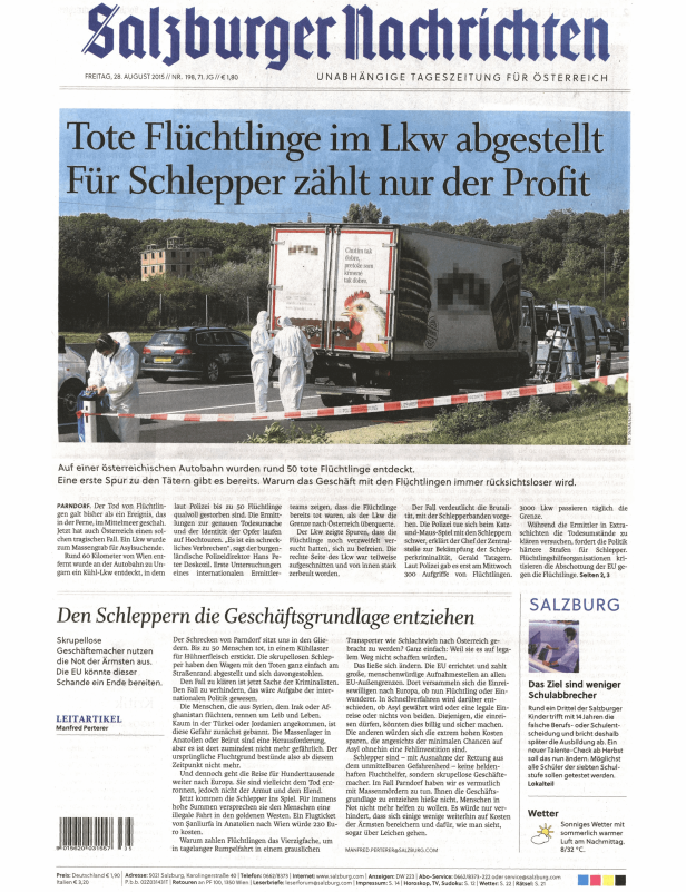 Titelseite der Salzburger Nachrichten vom 28. August 2015 mit einem Bericht über tote Flüchtlinge in einem LKW.