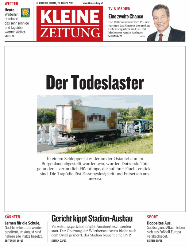 Ein Schlepper-Lkw, in dem vermutlich Flüchtlinge auf der Ostautobahn erstickt sind.