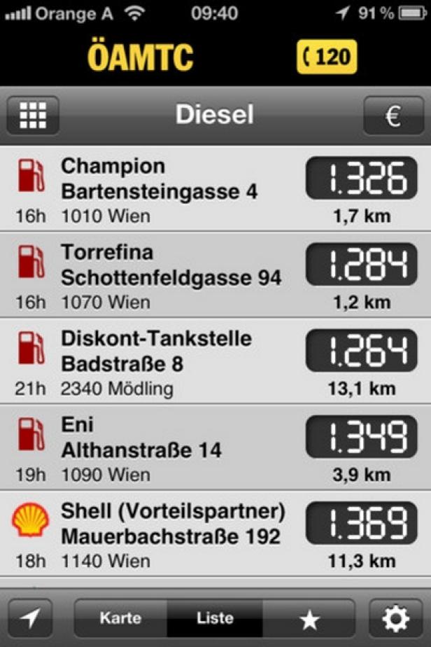 Ein Screenshot der ÖAMTC-App mit einer Liste von Dieselpreisen in Wien und Umgebung.