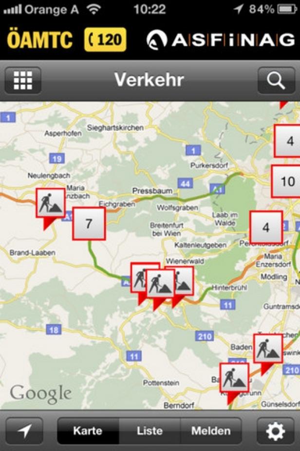 Ein Screenshot einer Karten-App mit Verkehrsinformationen in Österreich, inklusive Baustellenhinweisen.