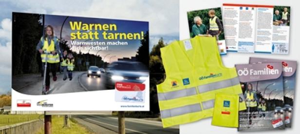 Familienreferat Land Oberösterreich - Schulkampagne - Warnen statt tarnen - upart - Werbemittel Eine Werbekampagne für Warnwesten zur Erhöhung der Sichtbarkeit im Straßenverkehr.