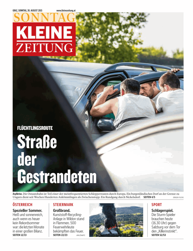 Titelseite der Kleinen Zeitung vom 30. August 2015 mit dem Titel „Straße der Gestrandeten“.