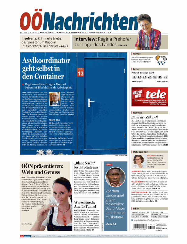 Titelseite der OÖNachrichten vom 3. September 2015.