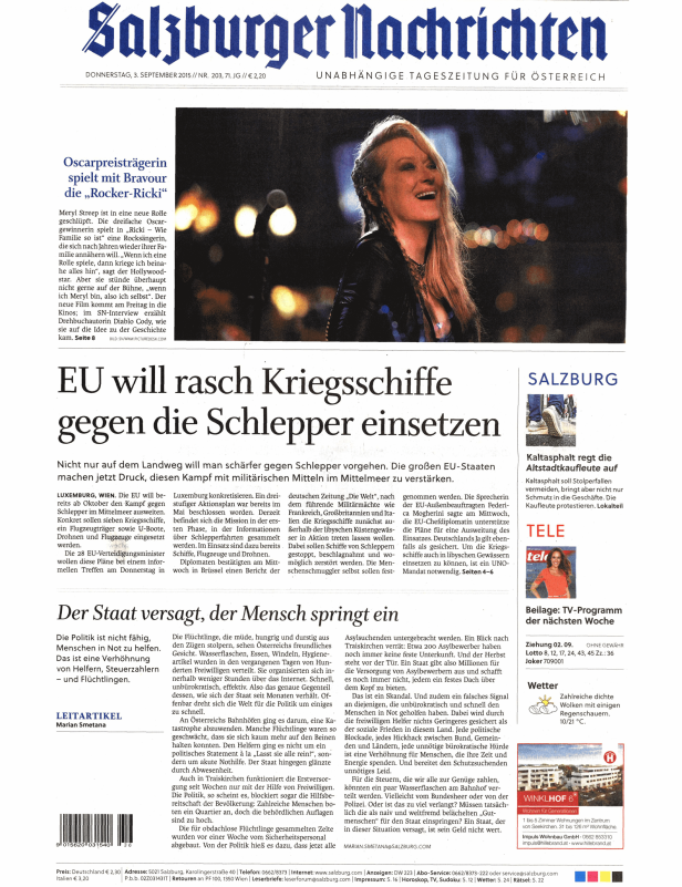 Titelseite der Salzburger Nachrichten vom 3. September 2015 mit Artikeln zu Politik und Kultur.