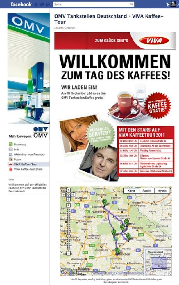OMV Tankstellen Deutschland - Facebook Fanpage - Kaffee-Tour - Berger Baader Hermes Eine Werbeanzeige für die VIVA Kaffeetour 2011 der OMV Tankstellen mit Doreen Dietel und Horst Kummeth.