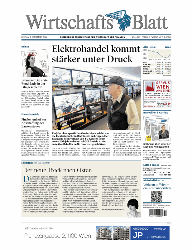 Titelseite des Wirtschaftsblatt vom 4. September 2015 mit Artikeln über Elektrohandel und IT-Branche.