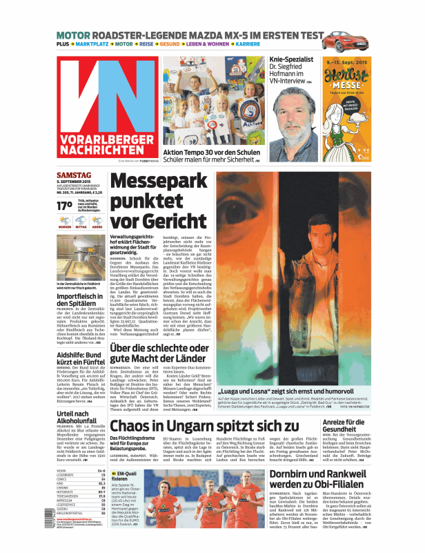 Titelseite der Vorarlberger Nachrichten vom 5. September 2015.