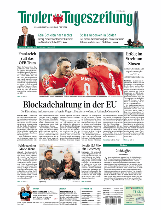 Titelseite der Tiroler Tageszeitung vom 5. September 2015.