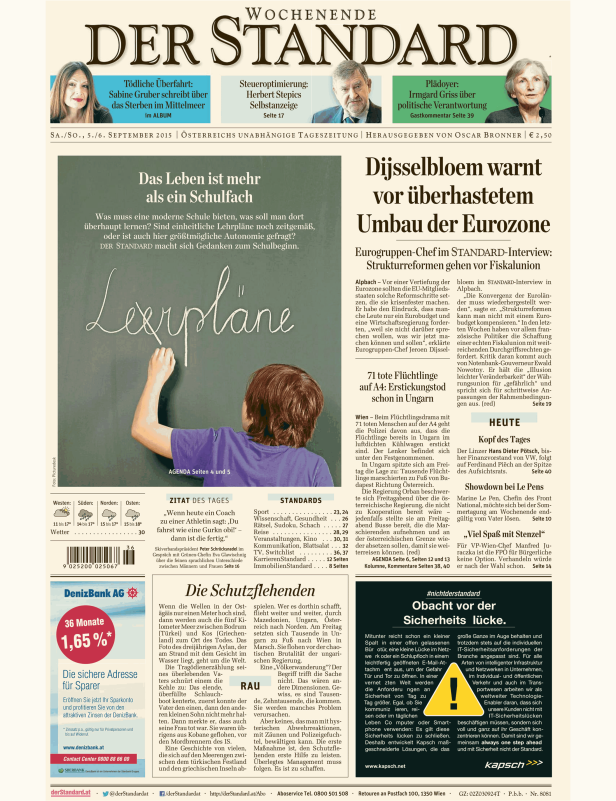 Titelseite der Zeitung „Der Standard“ vom 5./6. September 2015.