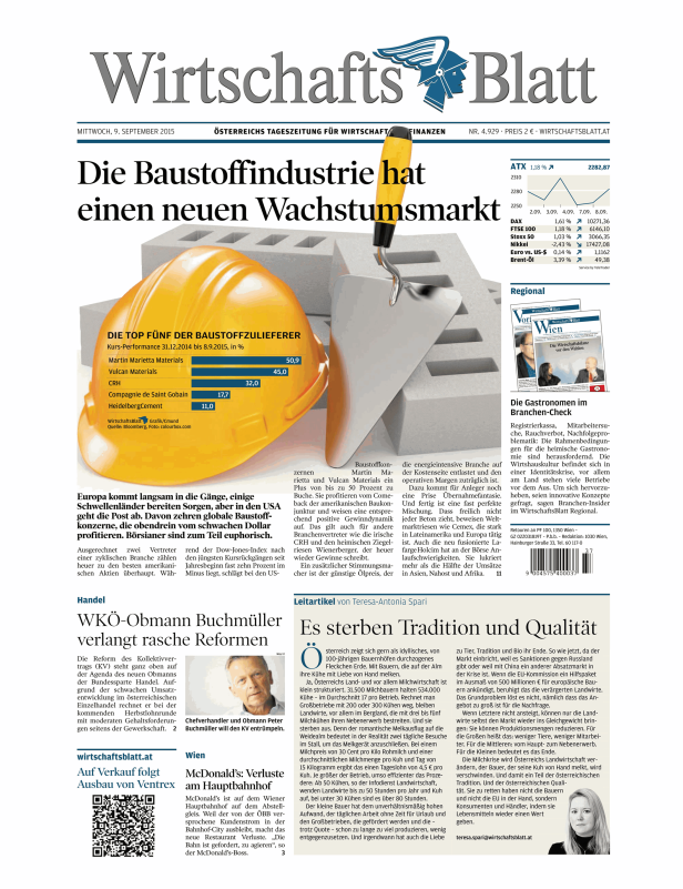 Titelseite des „Wirtschaftsblatt“ vom 9. September 2015.