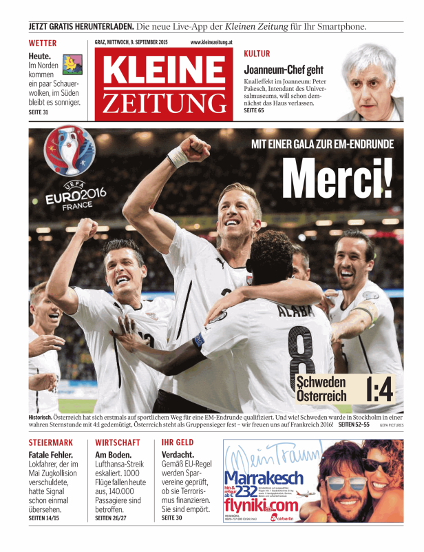 Titelseite der Kleinen Zeitung vom 9. September 2015 mit einem Foto von feiernden österreichischen Fußballspielern.