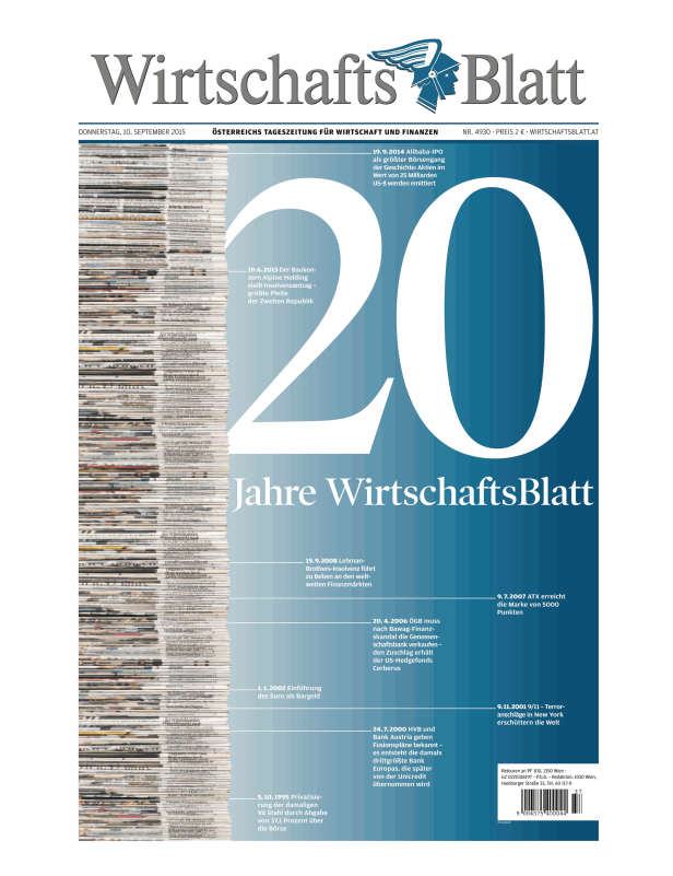 Titelseite des „WirtschaftsBlatt“ zum 20-jährigen Jubiläum mit Schlagzeilen wichtiger Wirtschaftsereignisse.
